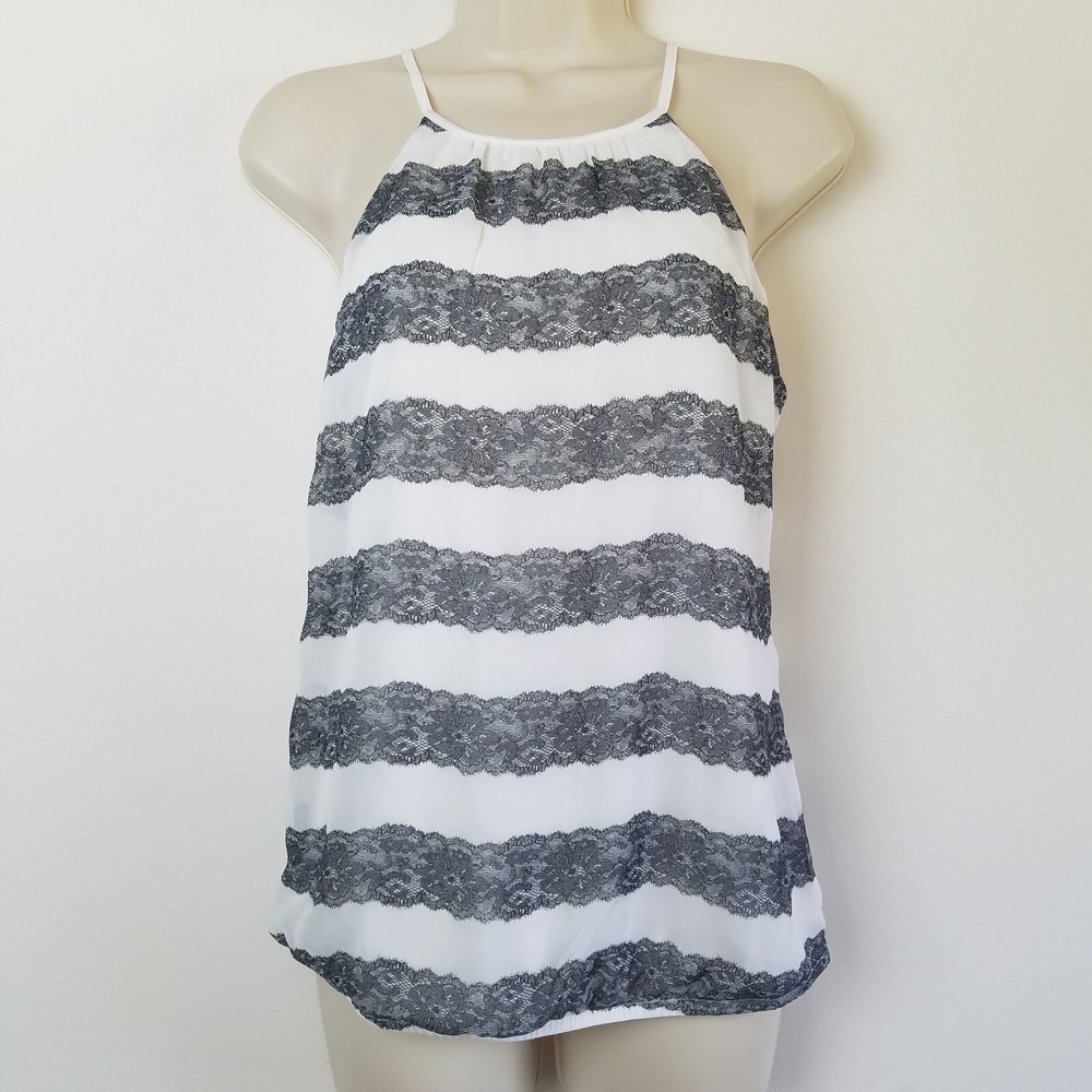Y2K Express Spaghetti Strap Top Size S-Bust 36" White Black Lace Print Chiffon